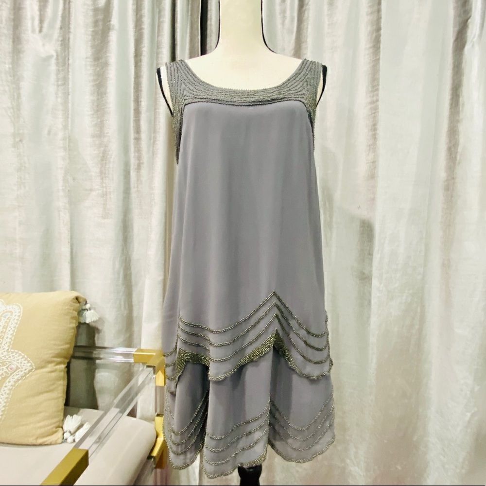 JOIE Silver Beaded Knee Length Dress 1920s NWT